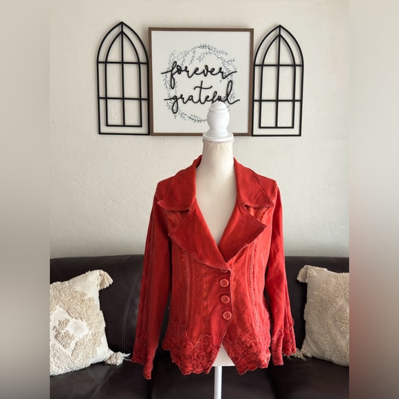 Gretty Zueger Jacket Cover Size Large Orange Button Front Embroidered Appliqué - Picture 8 of 11